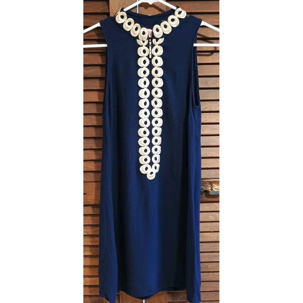Lilly‎ Pulitzer Jane Shift Dress Timeless True Navy Gold Trim Zipper Size 0 Glam